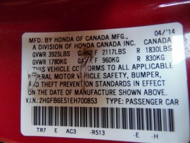 2014 Honda Civic SI Red Sedan 2.4L Vtec Mt #A24929